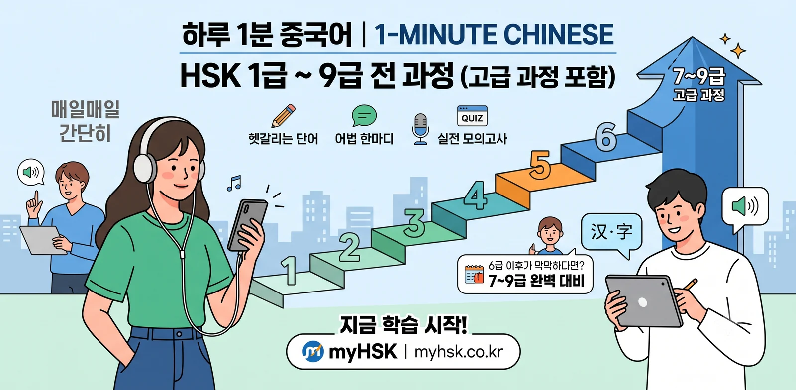 1급부터 9급까지 올라가는 계단 그림. 헷갈리는 단어, 어법 한마디, 실전 모의고사, 한자 학습이 함께 표시돼 있다.